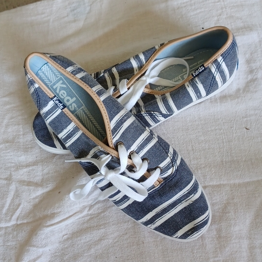 Keds Women's Champion Striped Casual Sneakers, gray stripe, tan trim, 7.5